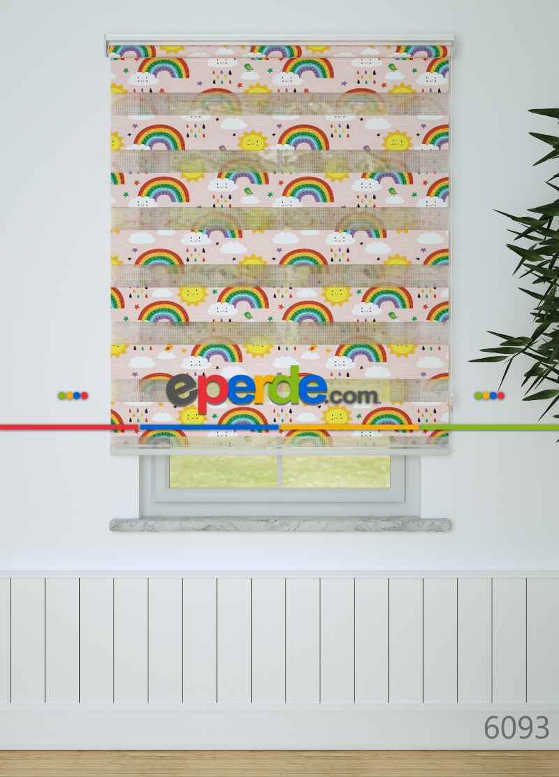 Çocuk Odası - Pembe Sarı Gökkuşağı Ve Güneş Desenli Baskılı Zebra Perde