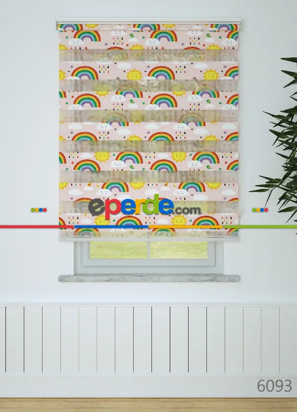 Pembe Sarı Gökkuşağı Ve Güneş Desenli Baskılı Zebra Perde