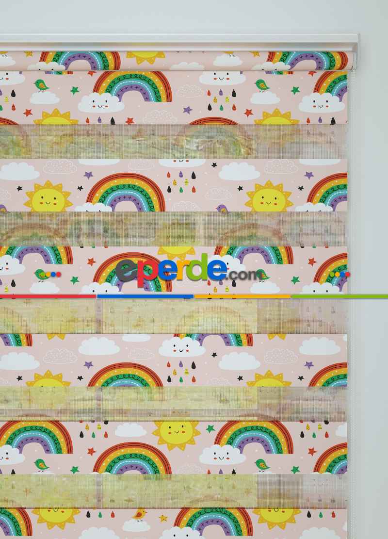 Çocuk Odası - Pembe Sarı Gökkuşağı Ve Güneş Desenli Baskılı Zebra Perde