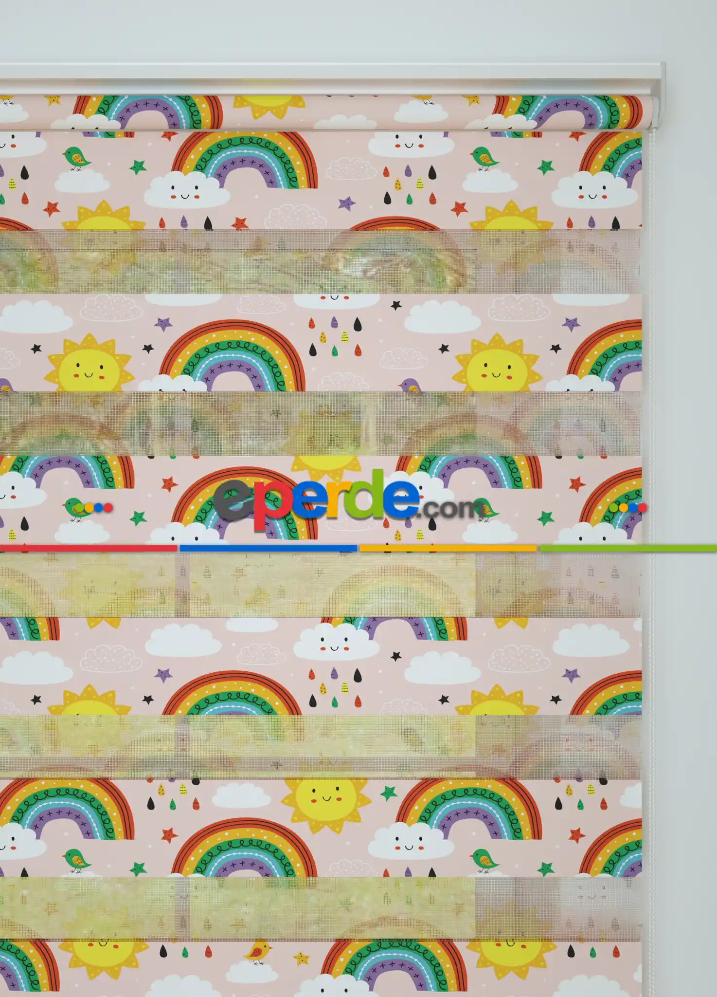 Çocuk Odası - Pembe Sarı Gökkuşağı Ve Güneş Desenli Baskılı Zebra Perde