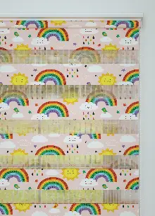 Çocuk Odası - Pembe Sarı Gökkuşağı Ve Güneş Desenli Baskılı Zebra Perde