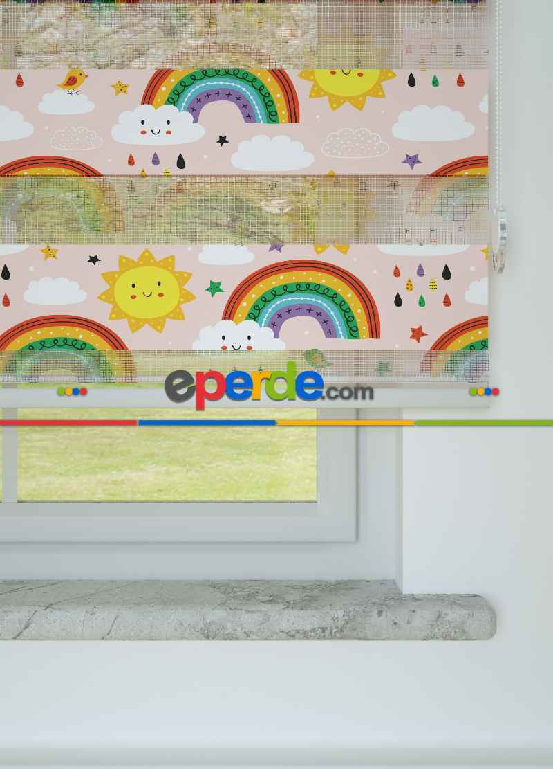 Çocuk Odası - Pembe Sarı Gökkuşağı Ve Güneş Desenli Baskılı Zebra Perde