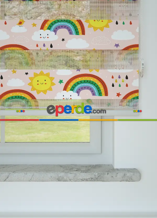 Pembe Sarı Gökkuşağı Ve Güneş Desenli Baskılı Zebra Perde