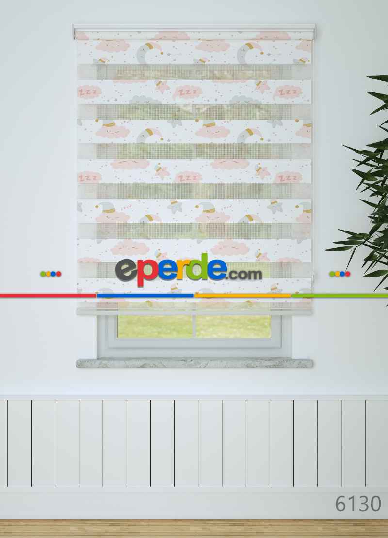 Çocuk Odası - Pembe Bulut Ve Yıldız Desenli Baskılı Zebra Perde