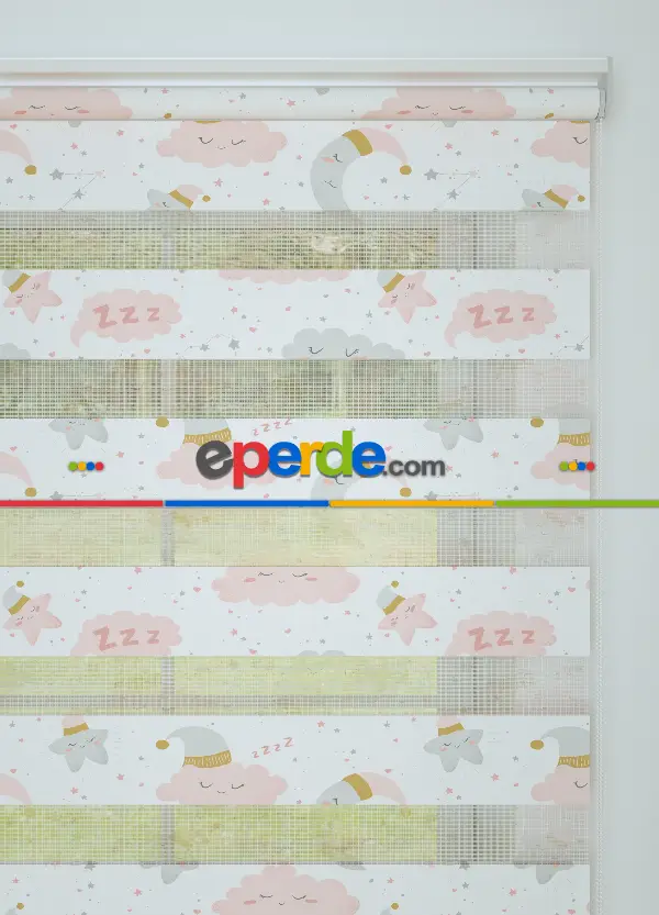 Çocuk Odası - Pembe Bulut Ve Yıldız Desenli Baskılı Zebra Perde