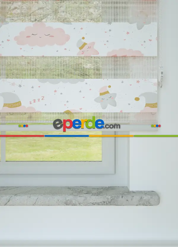 Çocuk Odası - Pembe Bulut Ve Yıldız Desenli Baskılı Zebra Perde