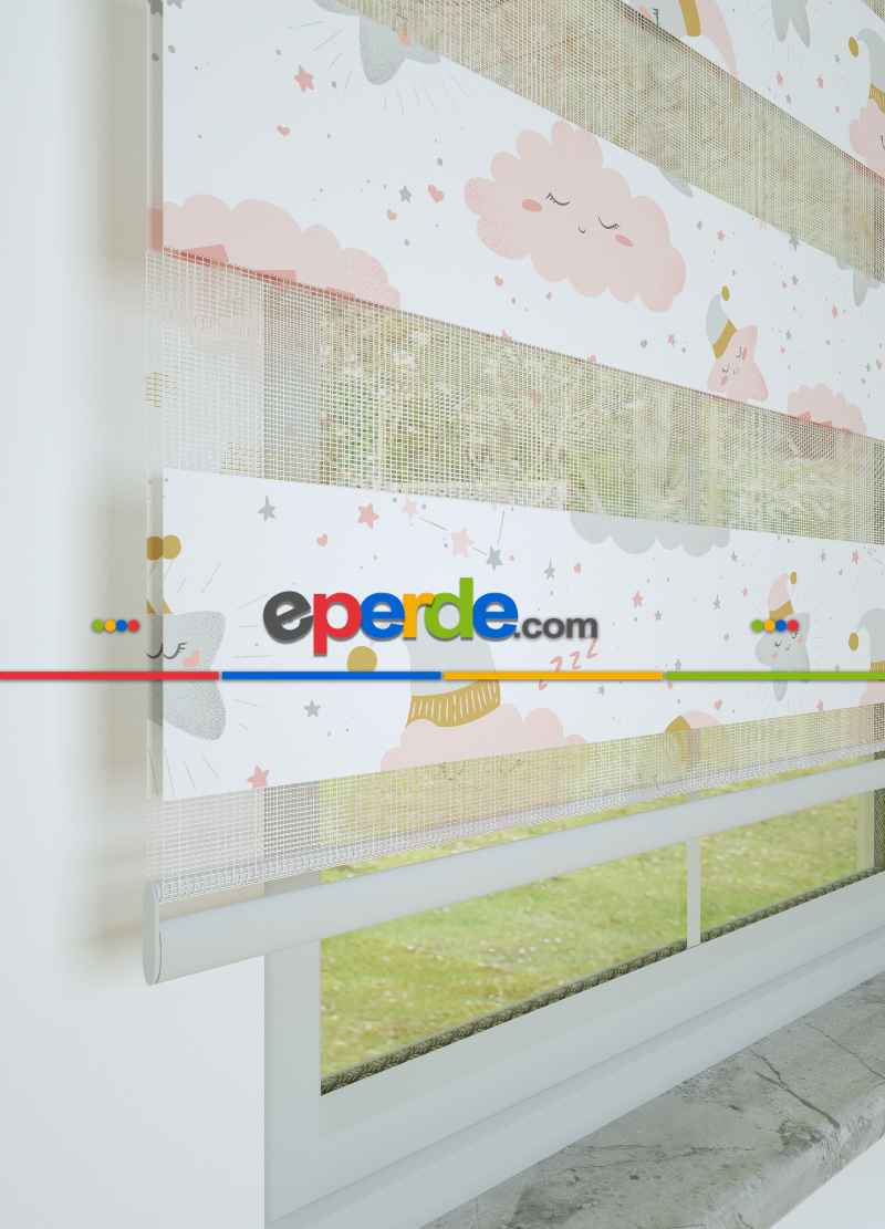 Çocuk Odası - Pembe Bulut Ve Yıldız Desenli Baskılı Zebra Perde