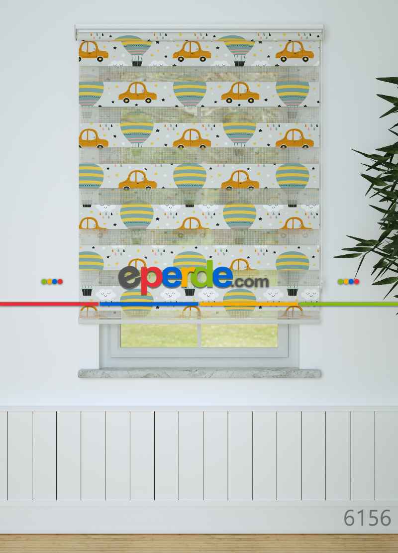 Bebek Odası - Yeşil Turuncu Uçan Balon Ve Araba Desenli Baskılı Zebra Perde