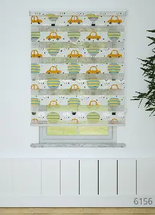 Bebek Odası - Yeşil Turuncu Uçan Balon Ve Araba Desenli Baskılı Zebra Perde