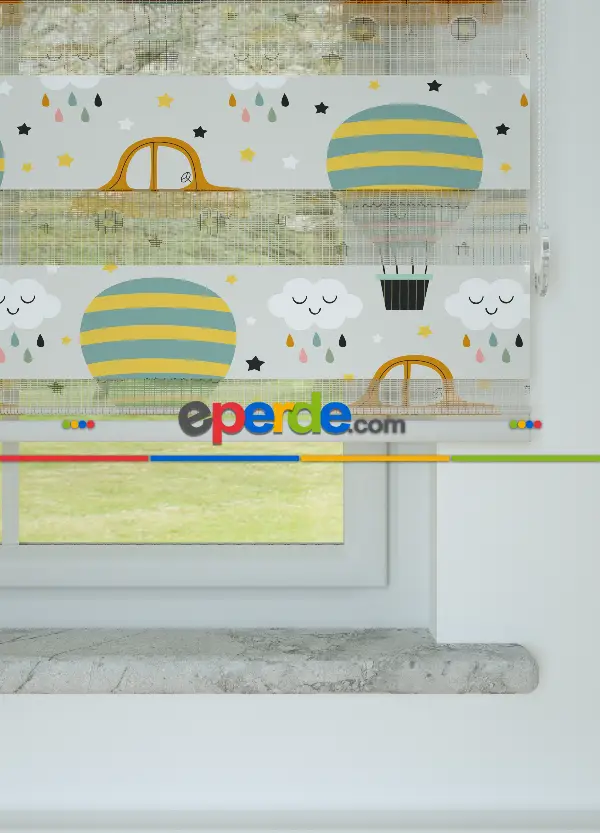 Bebek Odası - Yeşil Turuncu Uçan Balon Ve Araba Desenli Baskılı Zebra Perde