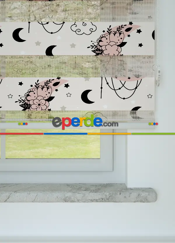 Bebek Odası - Pudra Ay Ve Bulut Desenli Baskılı Zebra Perde