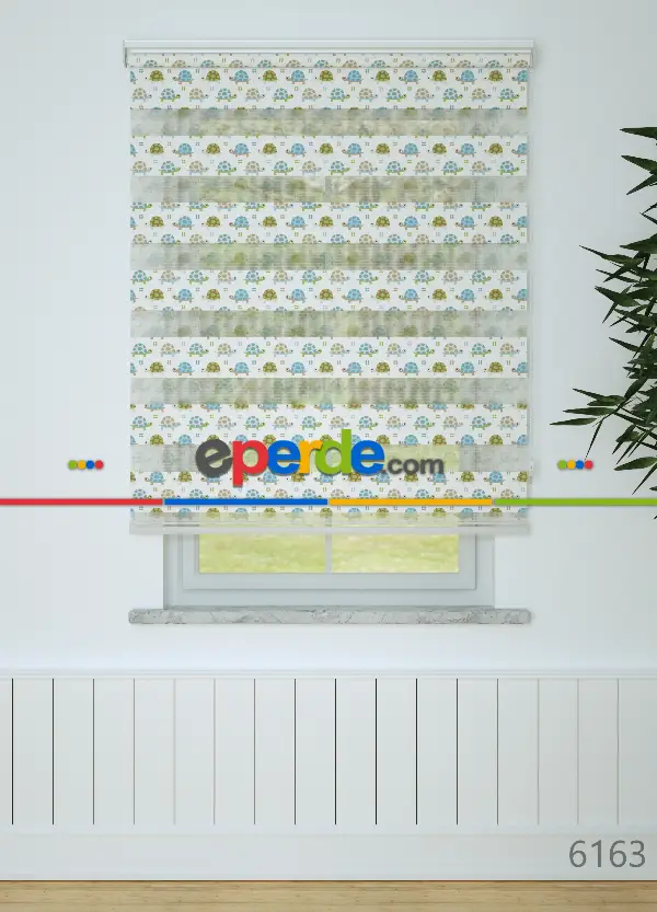 Mavi Kaplumbağa Desenli Baskılı Zebra Perde