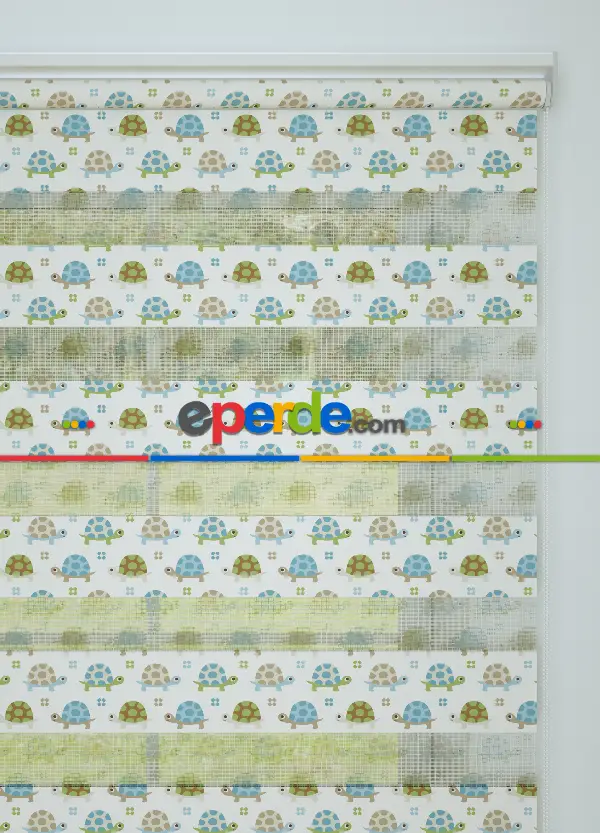 Mavi Kaplumbağa Desenli Baskılı Zebra Perde