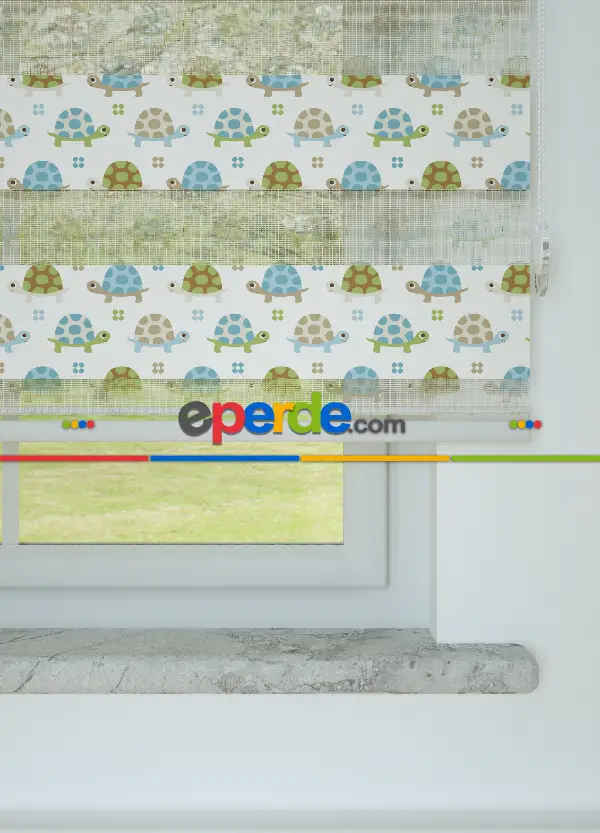 Mavi Kaplumbağa Desenli Baskılı Zebra Perde