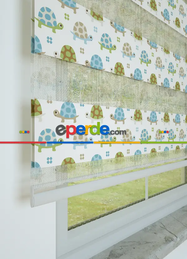 Mavi Kaplumbağa Desenli Baskılı Zebra Perde