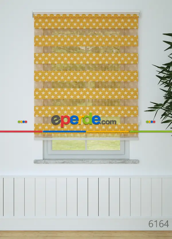 Koyu Sarı Yıldız Desenli Baskılı Zebra Perde