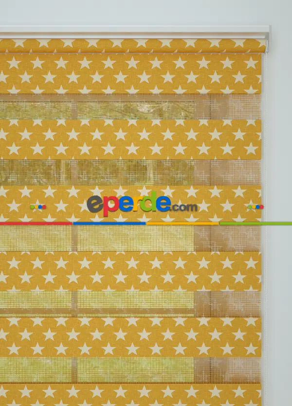 Koyu Sarı Yıldız Desenli Baskılı Zebra Perde