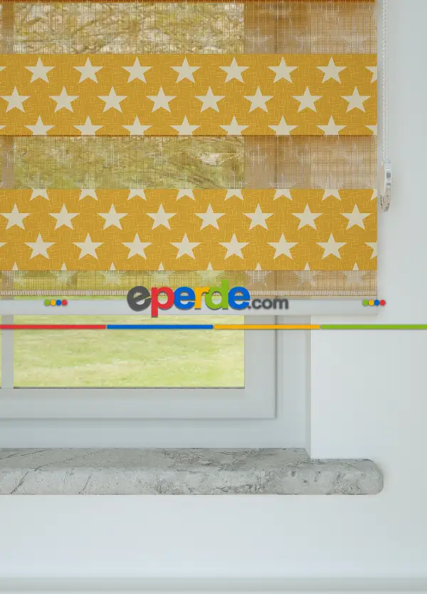 Koyu Sarı Yıldız Desenli Baskılı Zebra Perde