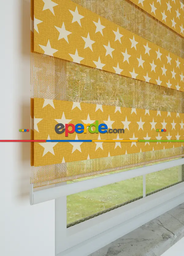 Koyu Sarı Yıldız Desenli Baskılı Zebra Perde