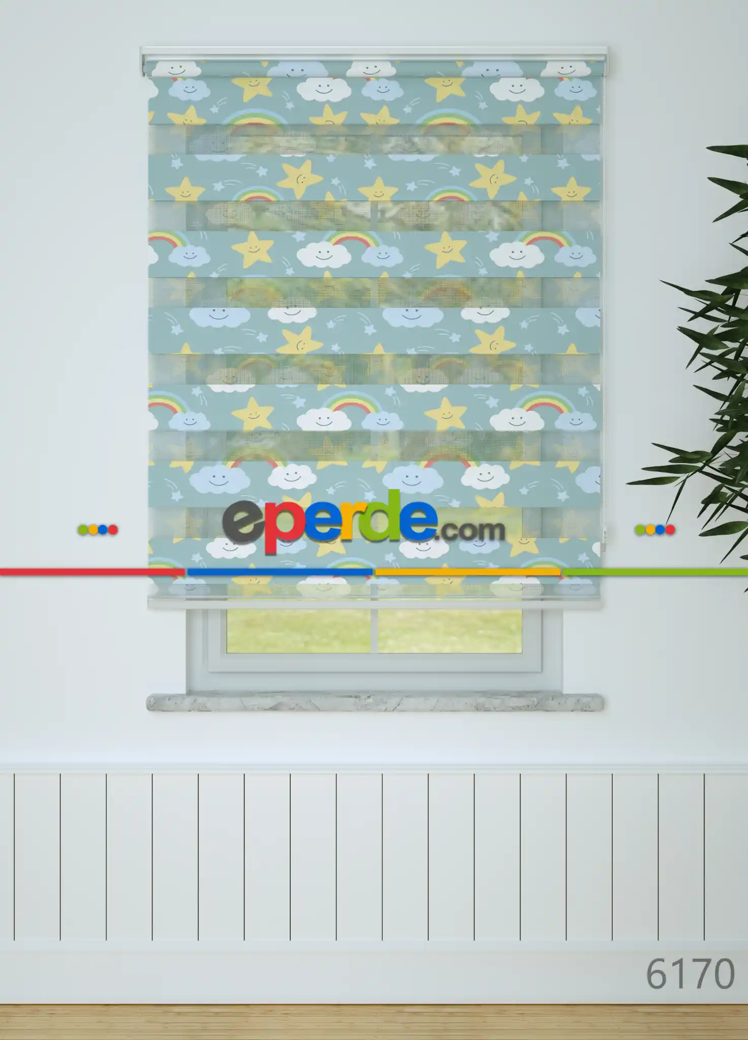 Çocuk Odası - Mavi Sarı Yıldız Ve Bulut Desenli Baskılı Zebra Perde