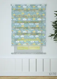 Çocuk Odası - Mavi Sarı Yıldız Ve Bulut Desenli Baskılı Zebra Perde