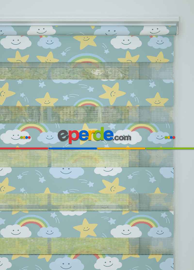 Çocuk Odası - Mavi Sarı Yıldız Ve Bulut Desenli Baskılı Zebra Perde