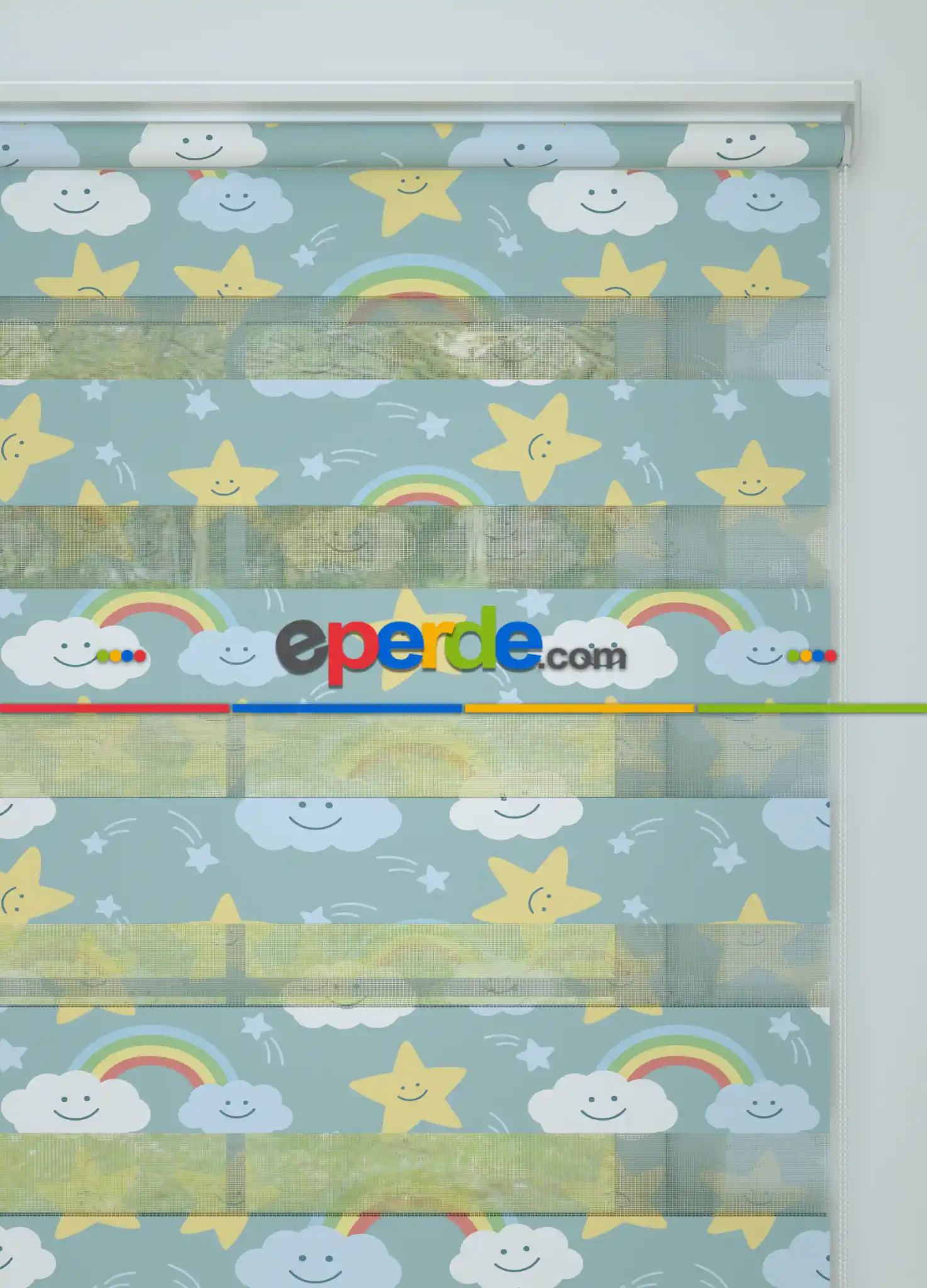 Mavi Bulut Ve Yıldız Desenli Baskılı Zebra Perde