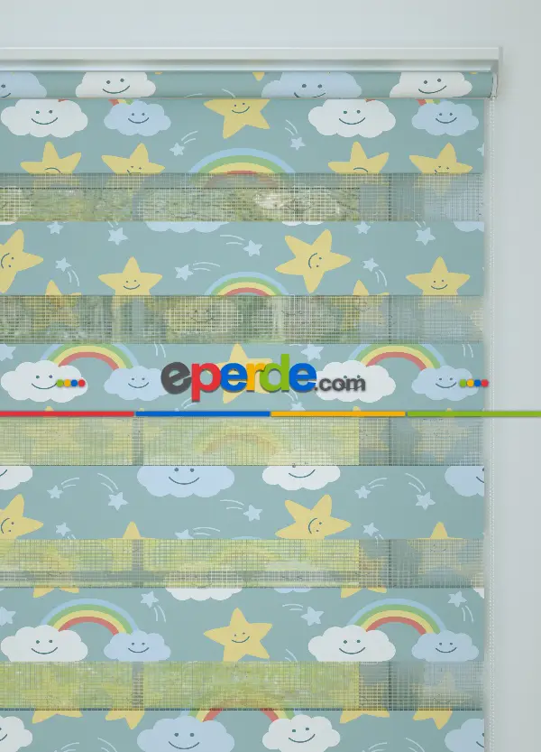 Çocuk Odası - Mavi Sarı Yıldız Ve Bulut Desenli Baskılı Zebra Perde