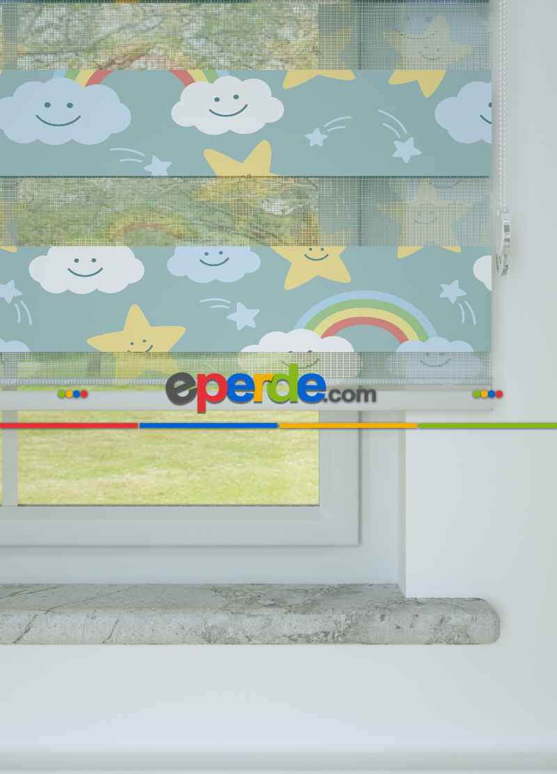 Çocuk Odası - Mavi Sarı Yıldız Ve Bulut Desenli Baskılı Zebra Perde