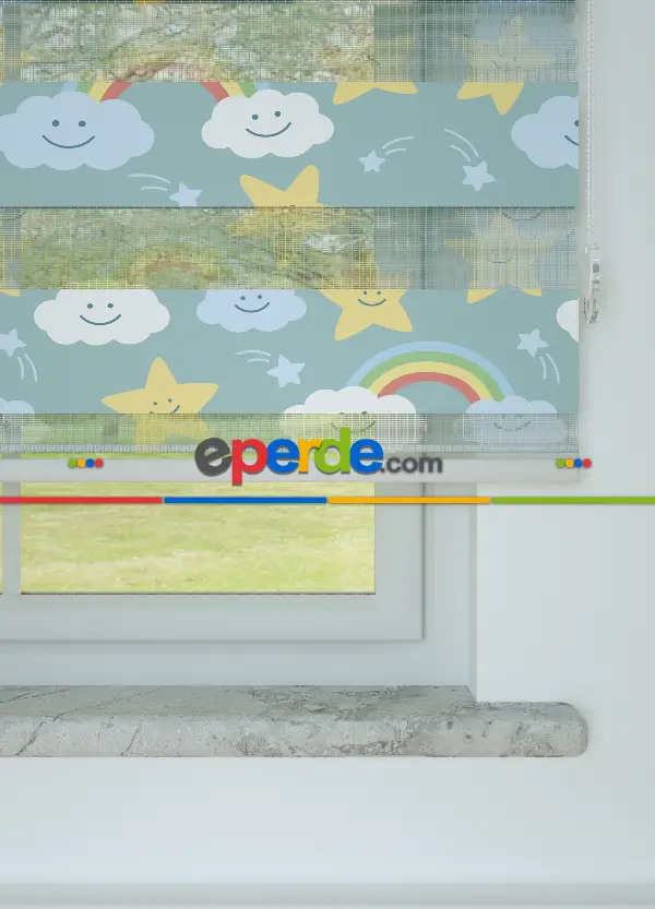 Çocuk Odası - Mavi Sarı Yıldız Ve Bulut Desenli Baskılı Zebra Perde