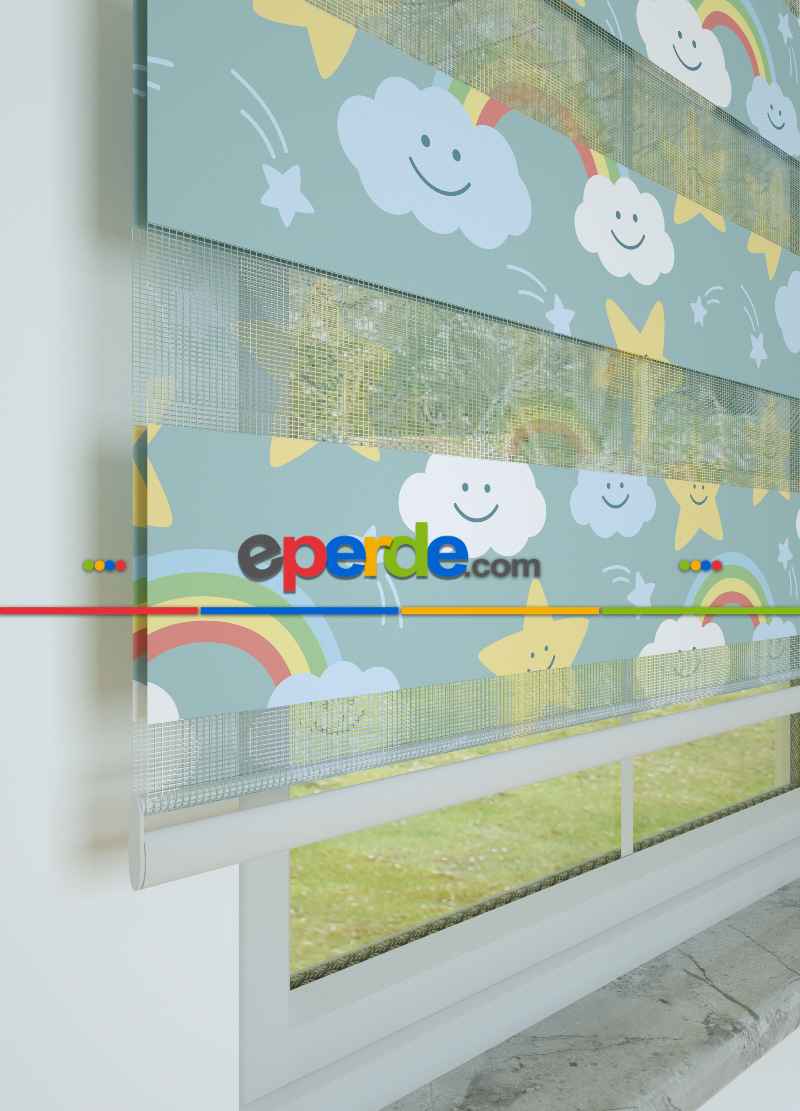Çocuk Odası - Mavi Sarı Yıldız Ve Bulut Desenli Baskılı Zebra Perde