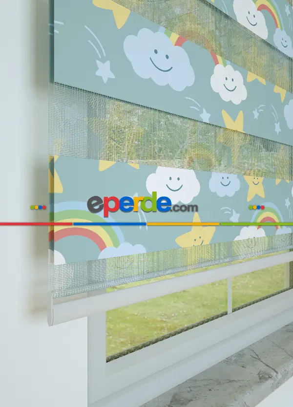 Çocuk Odası - Mavi Sarı Yıldız Ve Bulut Desenli Baskılı Zebra Perde