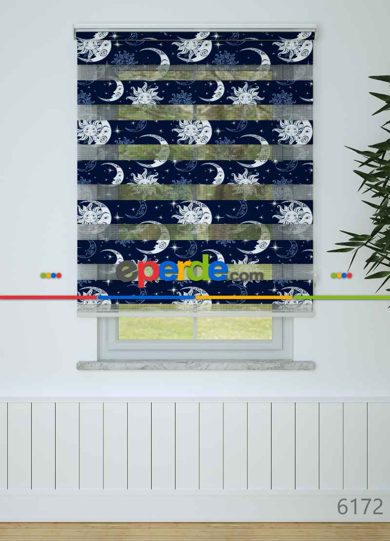 Lacivert Ay Ve Güneş Desenli Baskılı Zebra Perde