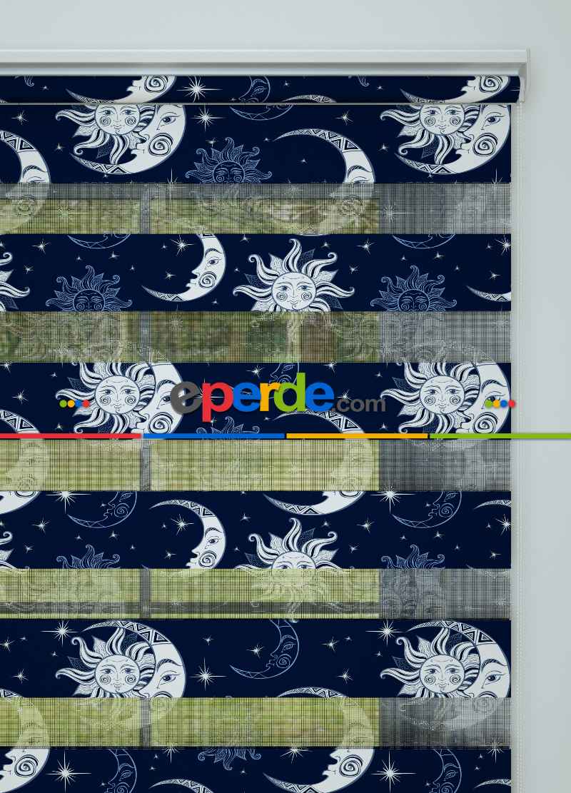 Lacivert Ay Ve Güneş Desenli Baskılı Zebra Perde