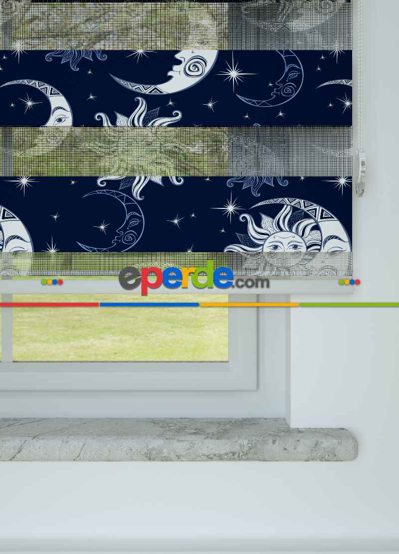 Lacivert Ay Ve Güneş Desenli Baskılı Zebra Perde