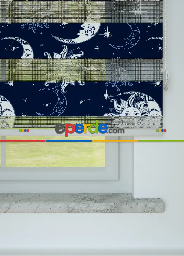 Çocuk Odası - Lacivert Ay Ve Güneş Desenli Baskılı Zebra Perde