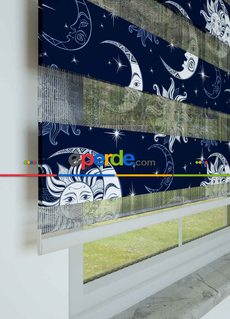 Lacivert Ay Ve Güneş Desenli Baskılı Zebra Perde