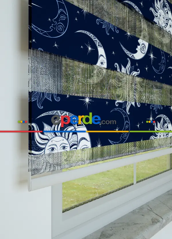 Çocuk Odası - Lacivert Ay Ve Güneş Desenli Baskılı Zebra Perde