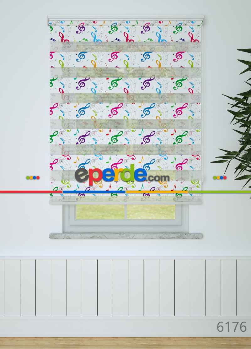 Çocuk Odası - Yeşil Mor Sol Anahtarı Desenli Baskılı Zebra Perde