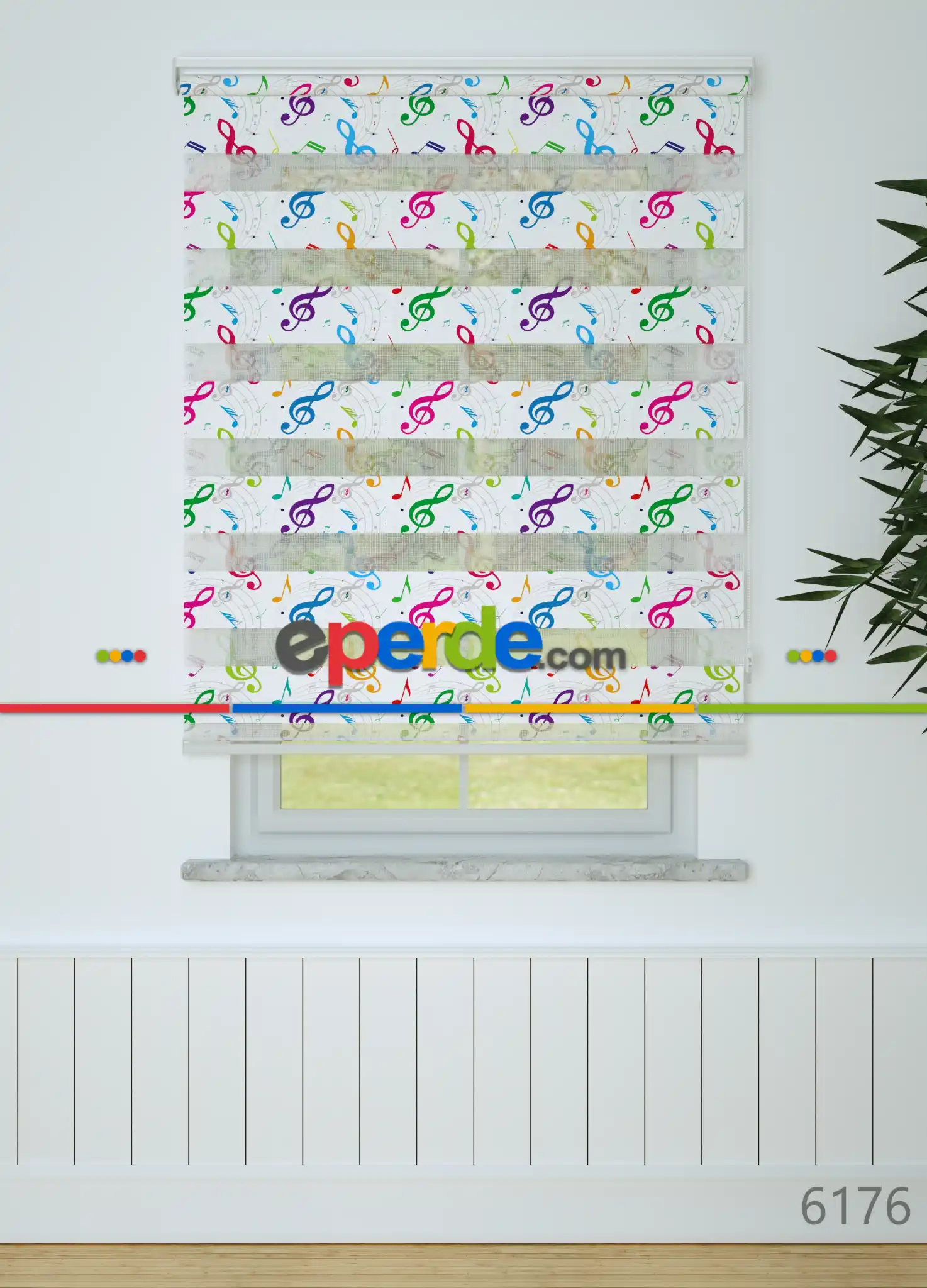 Çocuk Odası - Yeşil Mor Sol Anahtarı Desenli Baskılı Zebra Perde