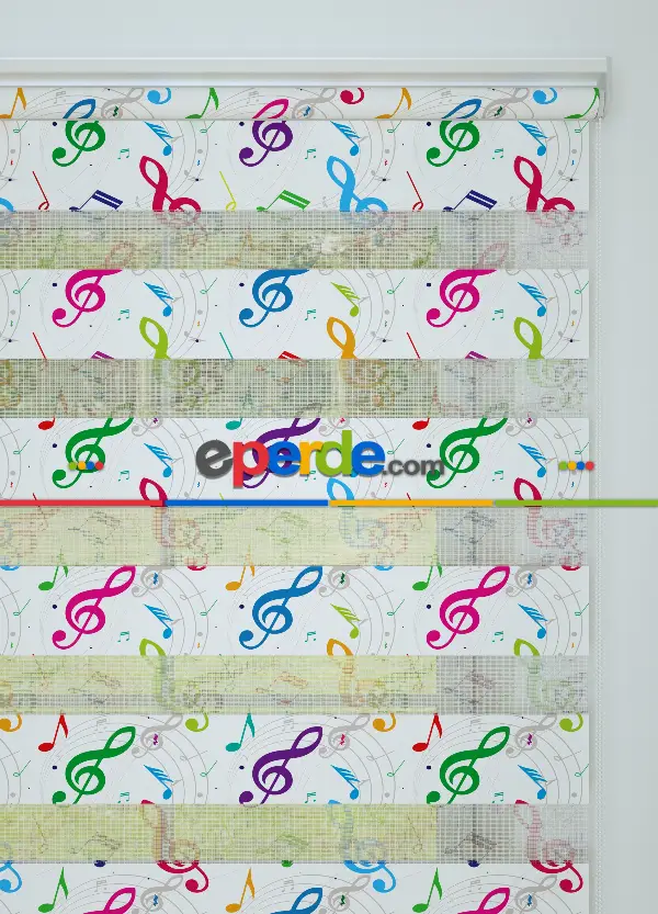 Yeşil Mor Sol Anahtarı Desenli Baskılı Zebra Perde