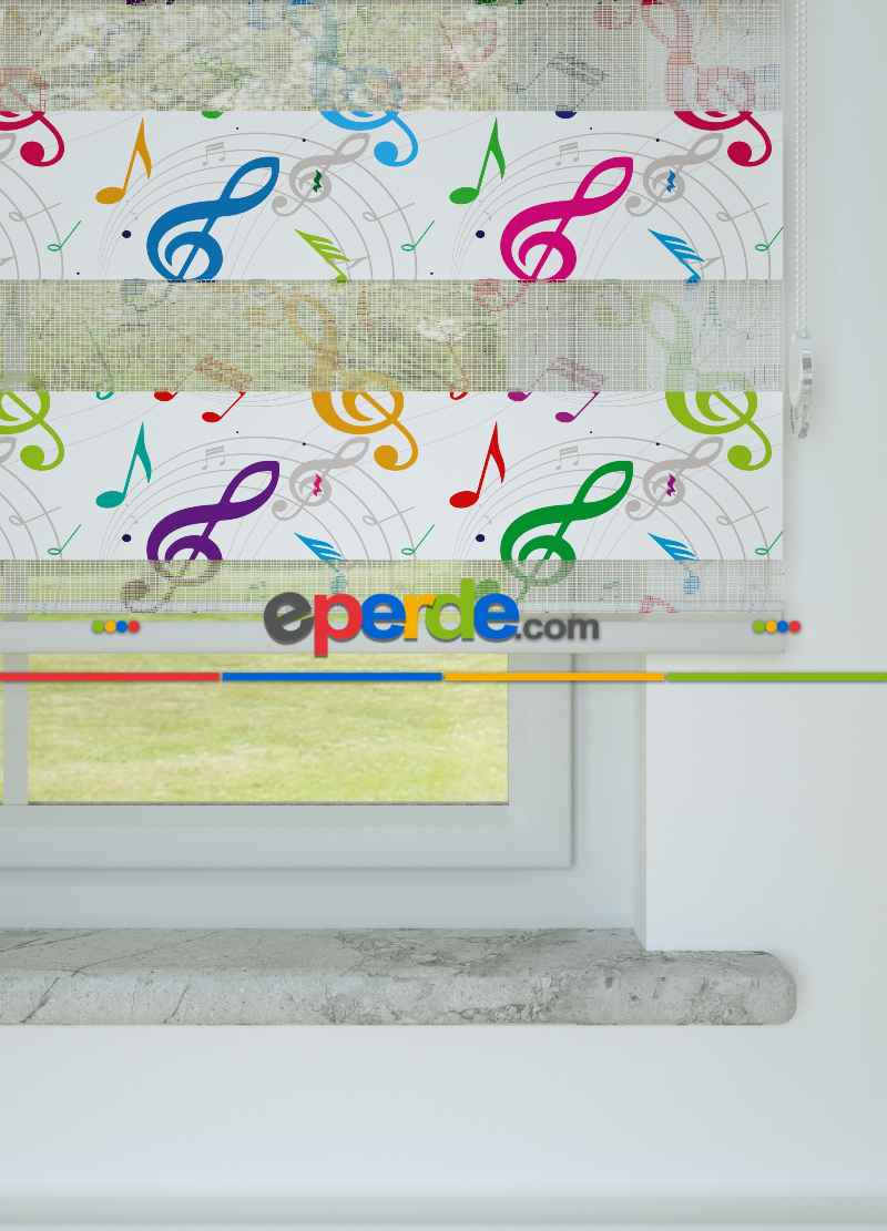 Çocuk Odası - Yeşil Mor Sol Anahtarı Desenli Baskılı Zebra Perde