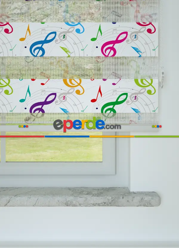 Yeşil Mor Sol Anahtarı Desenli Baskılı Zebra Perde