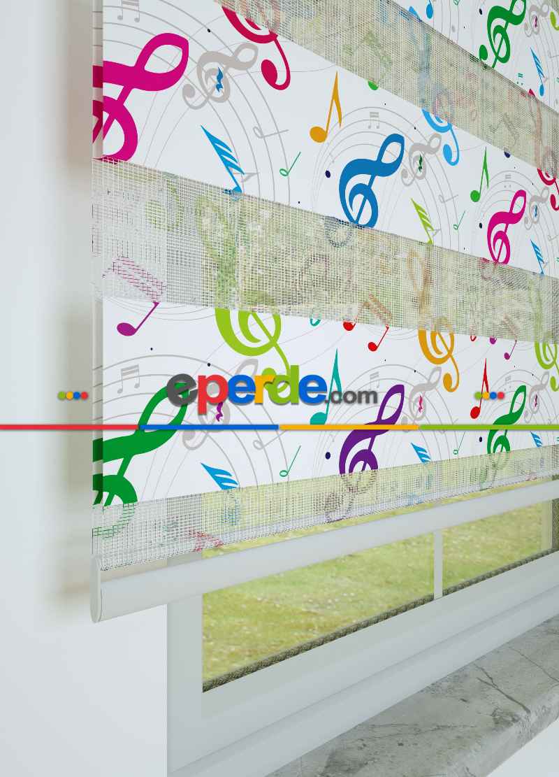 Çocuk Odası - Yeşil Mor Sol Anahtarı Desenli Baskılı Zebra Perde