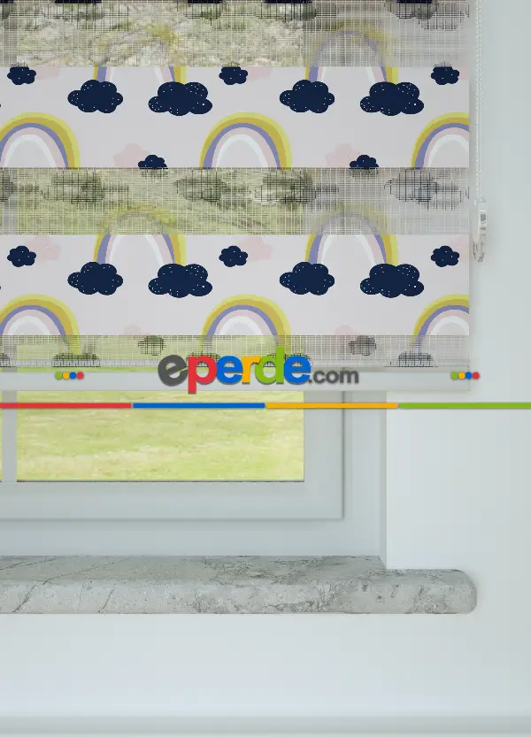 Lacivert Pudra Gökkuşağı Ve Bulut Desenli Baskılı Zebra Perde