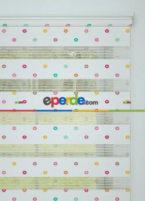 Pembe Sarı Minik Çiçek Desenli Baskılı Zebra Perde