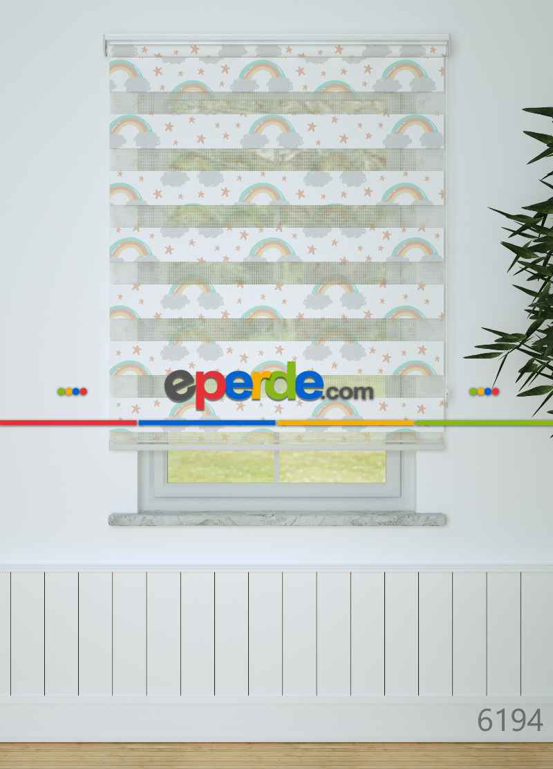 Çocuk Odası - Açık Gri Somon Gökkuşağı Ve Bulut Desenli Baskılı Zebra Perde