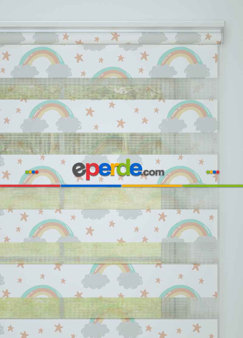 Çocuk Odası - Açık Gri Somon Gökkuşağı Ve Bulut Desenli Baskılı Zebra Perde