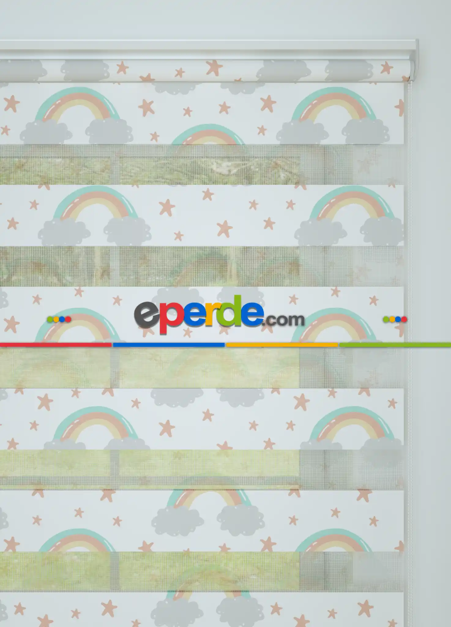 Bebek Odası - Somon Mint Gökkuşağı Ve Yıldız Desenli Baskılı Zebra Perde