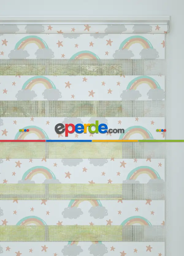 Bebek Odası - Somon Mint Gökkuşağı Ve Yıldız Desenli Baskılı Zebra Perde